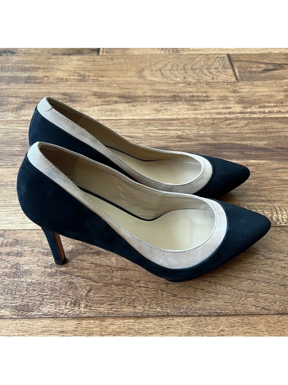 Loeffler Randall Aline Pointed Toe Demi Platform Heels Suede Black Beige 6.5